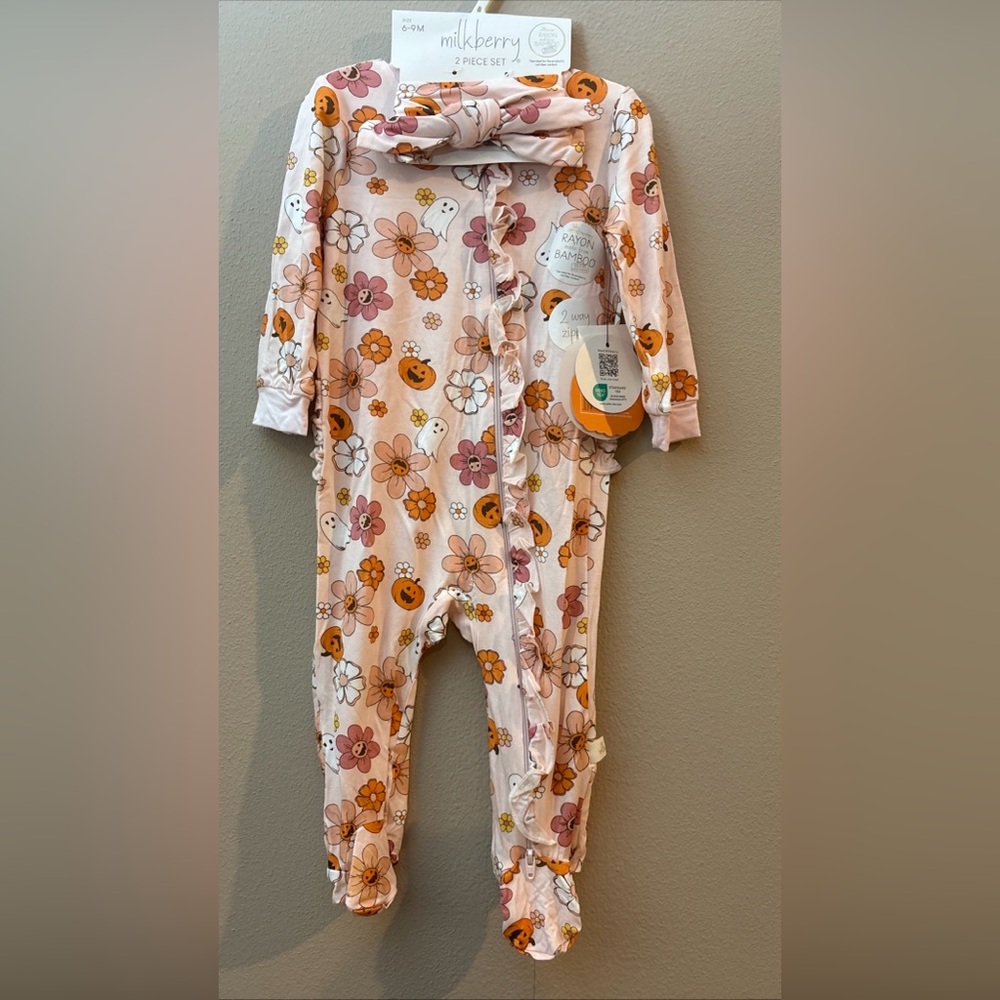 Milkberry Bamboo Baby Pink Halloween Ghost Pumpkin Romper Headband 6-9 Mons NEW